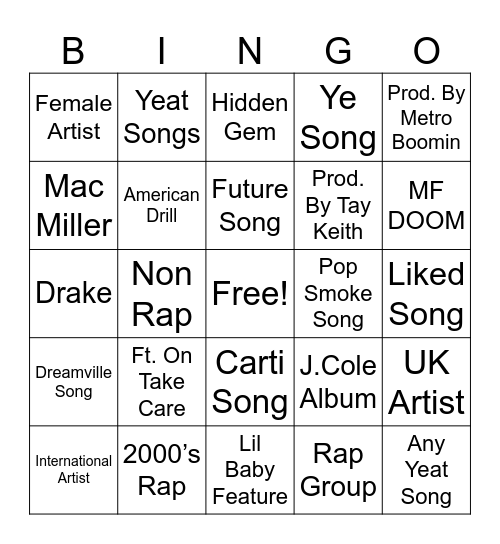 RAP SONGS>>>>>> Bingo Card