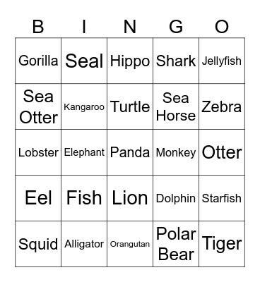 Zoo Animal Bingo Card