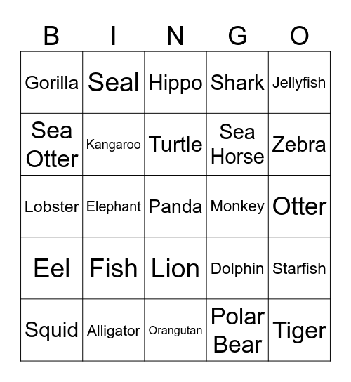 Zoo Animal Bingo Card