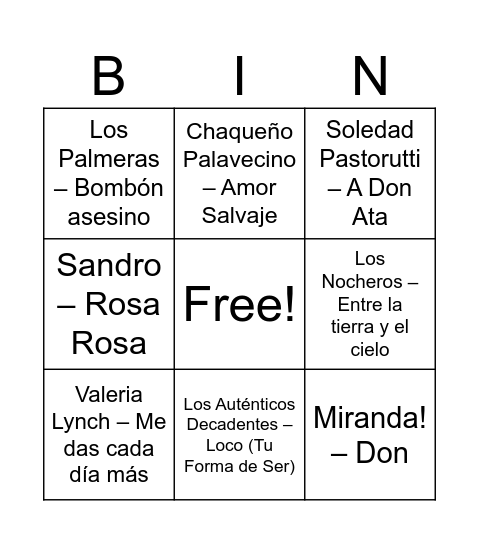 Bingo Musical Bingo Card