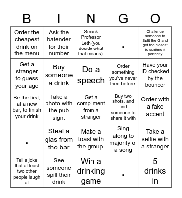 Bar Crawl Bingo Card