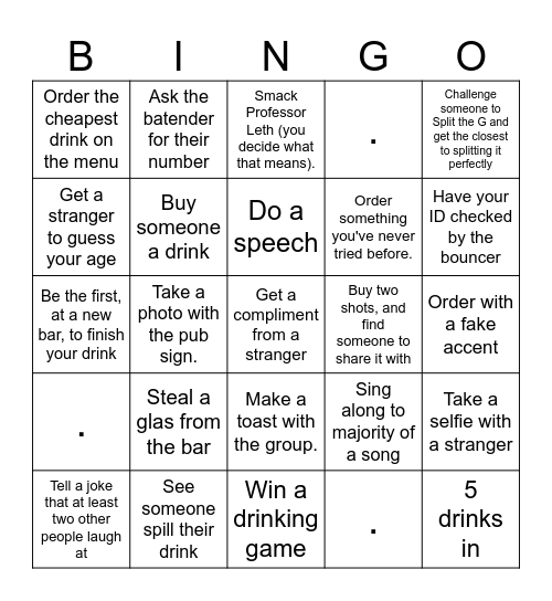 Bar Crawl Bingo Card