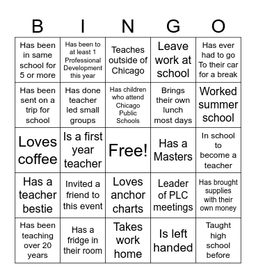 Teacher Link Up Bingo Card