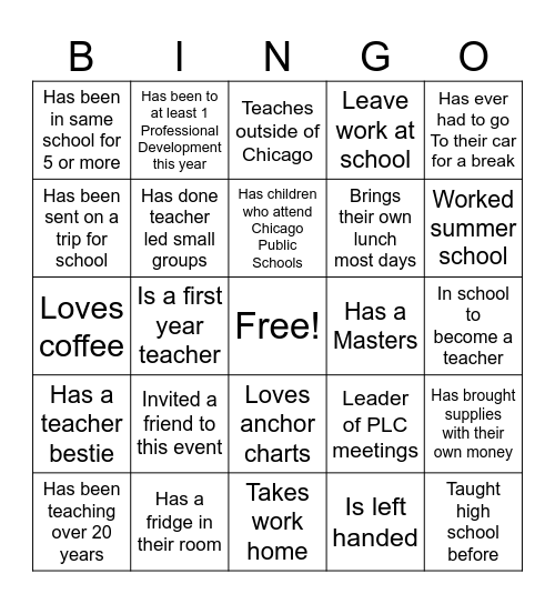 Teacher Link Up Bingo Card