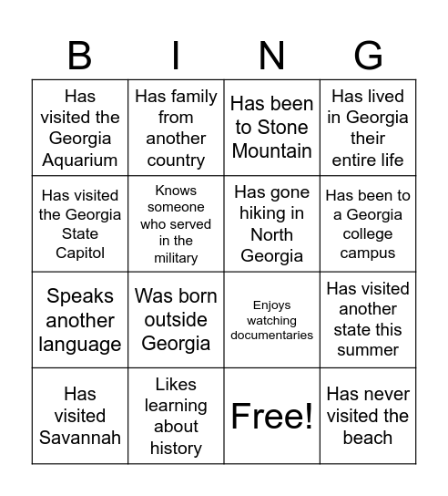 Georgia Connections Bingo Card