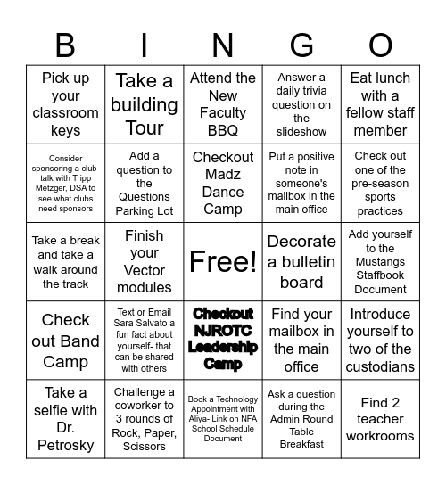 New Faculty Academy Week BINGO Card