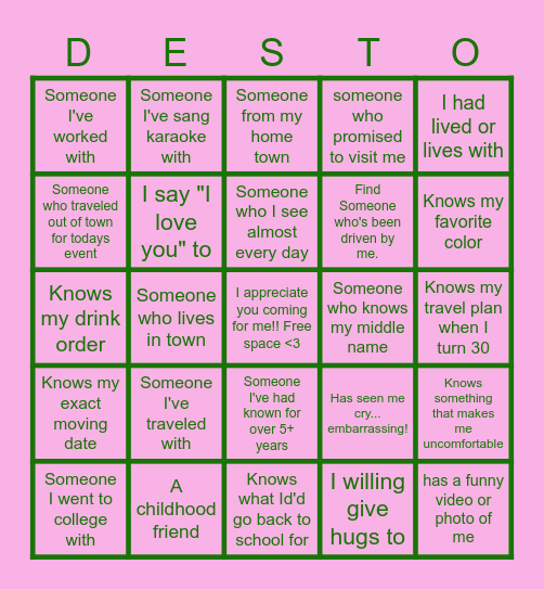 D E S T I N Y       B I N G O Bingo Card