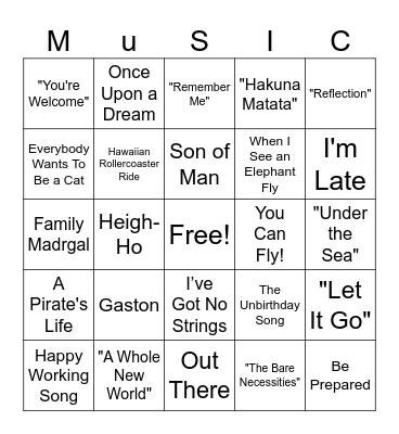 Disney Music Bingo Card