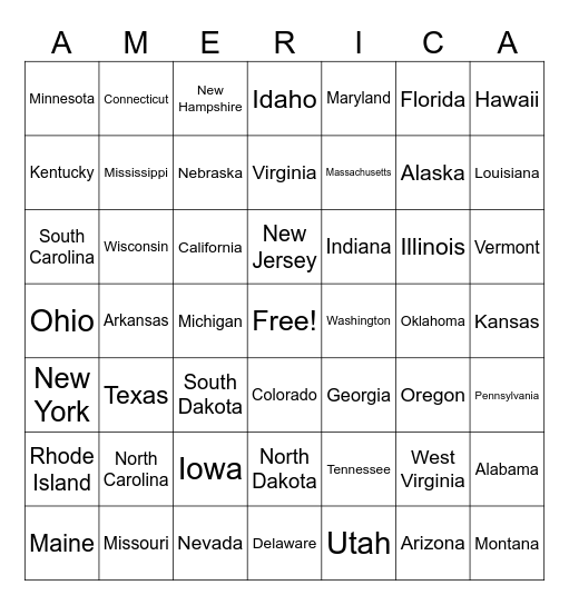 U.S. States Bingo Card