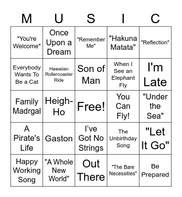 Disney Music Bingo Card