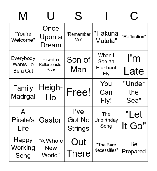 Disney Music Bingo Card