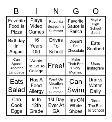 About Me Bingo Card