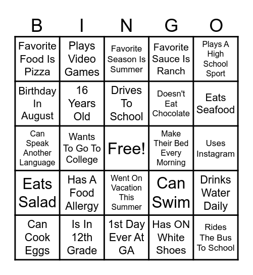 About Me Bingo Card