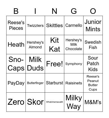 Candy Bar Bingo Card
