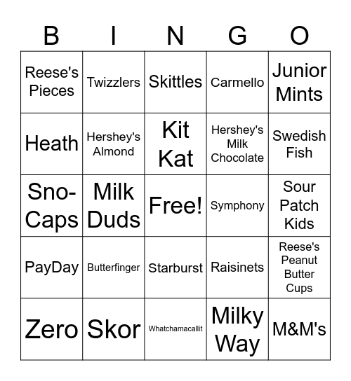 Candy Bar Bingo Card