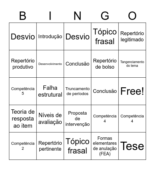 CORREÇÃO DA REDAÇÃO Bingo Card