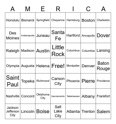U.S. State Capitals Bingo Card