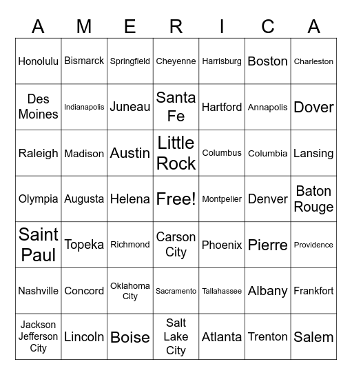 U.S. State Capitals Bingo Card