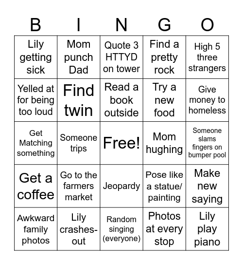Road trip Bingo Card
