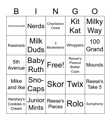 Candy Bar Bingo Card