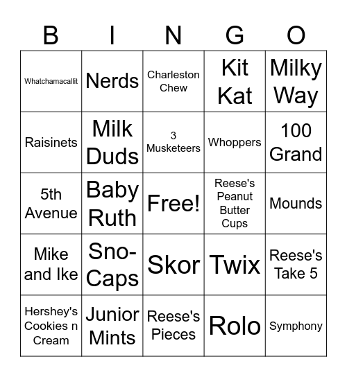 Candy Bar Bingo Card