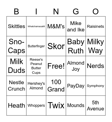Candy Bar Bingo Card