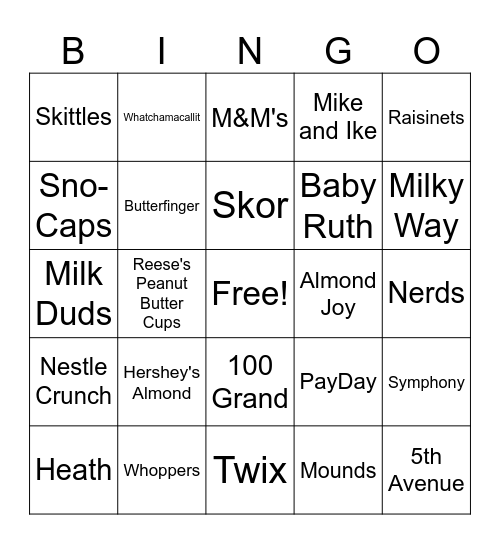 Candy Bar Bingo Card