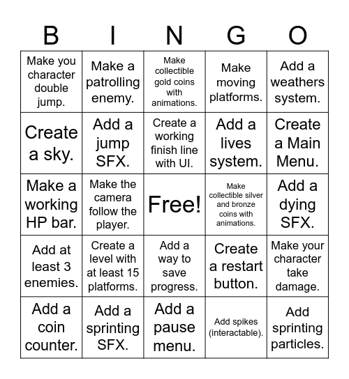 Game Development BINGO Card