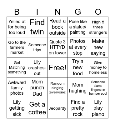Road trip Bingo Card