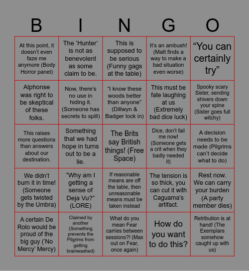 Age of Umbra- Sallowlands (Episode 5) Bingo Card