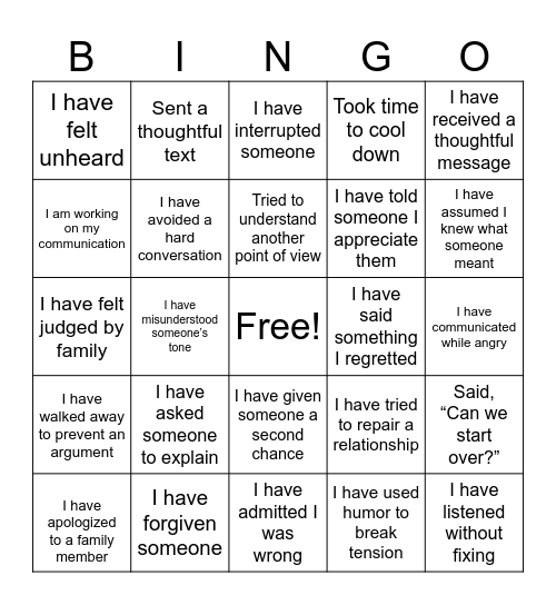 Family and Communication Bingo Card