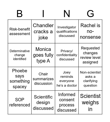 IRB Mock Meeting Bingo Card