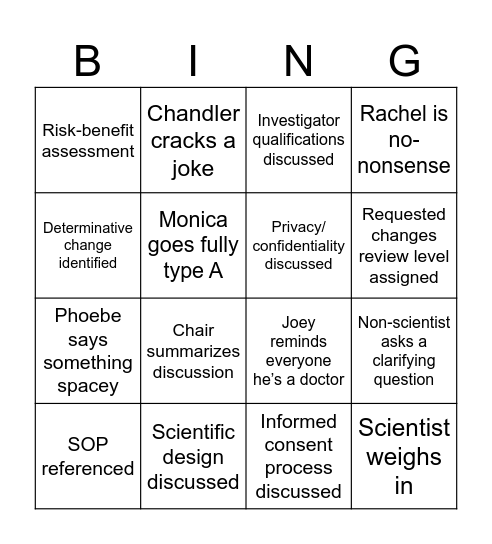 IRB Mock Meeting Bingo Card
