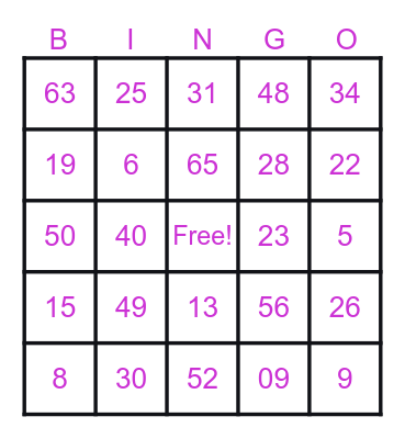 Number Bingo 1-75 Bingo Card