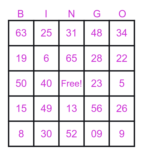 Number Bingo 1-75 Bingo Card