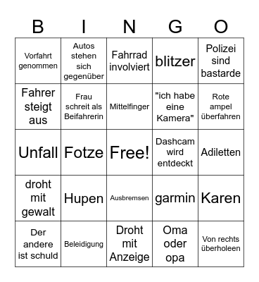 Dashcam Bingo Card
