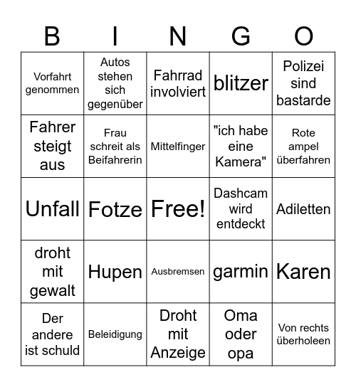 Dashcam Bingo Card