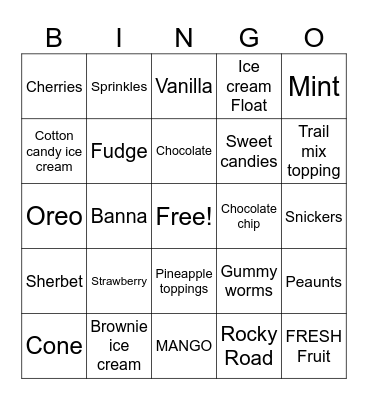 Ice Cream flavors and toppings Bingo Card