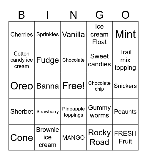 Ice Cream flavors and toppings Bingo Card