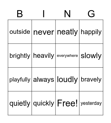 Adverbs Bingo Card