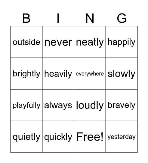 Adverbs Bingo Card
