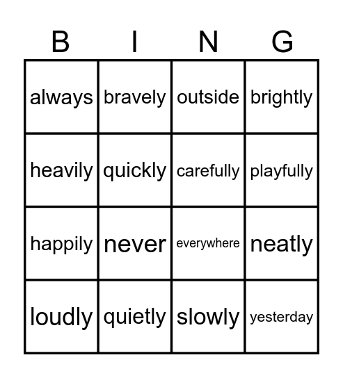 Adverbs Bingo Card