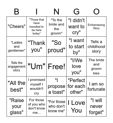 Wedding Speech Bingo Card