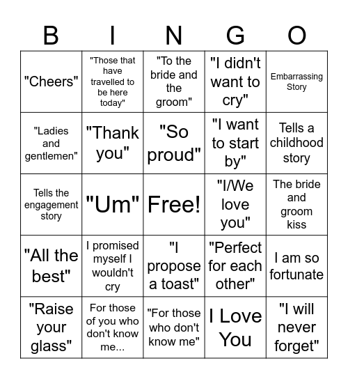 Wedding Speech Bingo Card