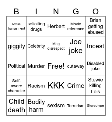 Family guy bingo Card