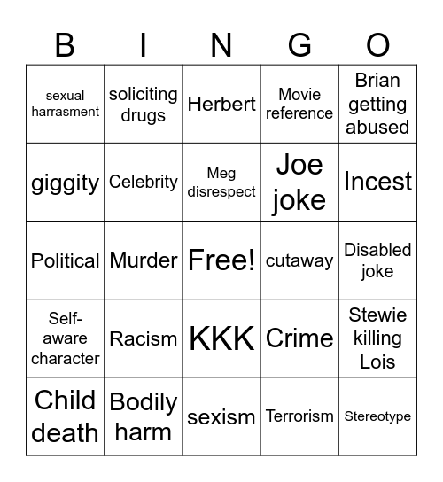 Family guy bingo Card