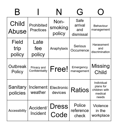 Policy Bingo Card