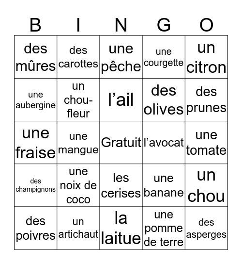 Les fruits et les légumes Bingo Card