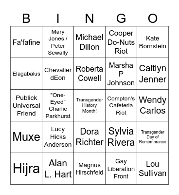Transgender History Month Bingo Card