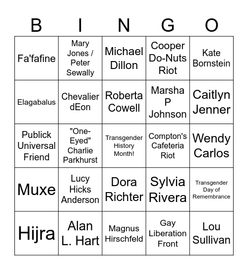 Transgender History Month Bingo Card